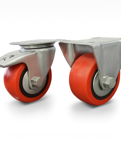 Red polyurethane caster wheels with a steel frame, one with a swivel mechanism and brake, and the other fixed, each with a load capacity of 300 kg