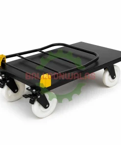Heavy duty steel platform trolley with foldable handle lowered and 10-inch nylon wheels